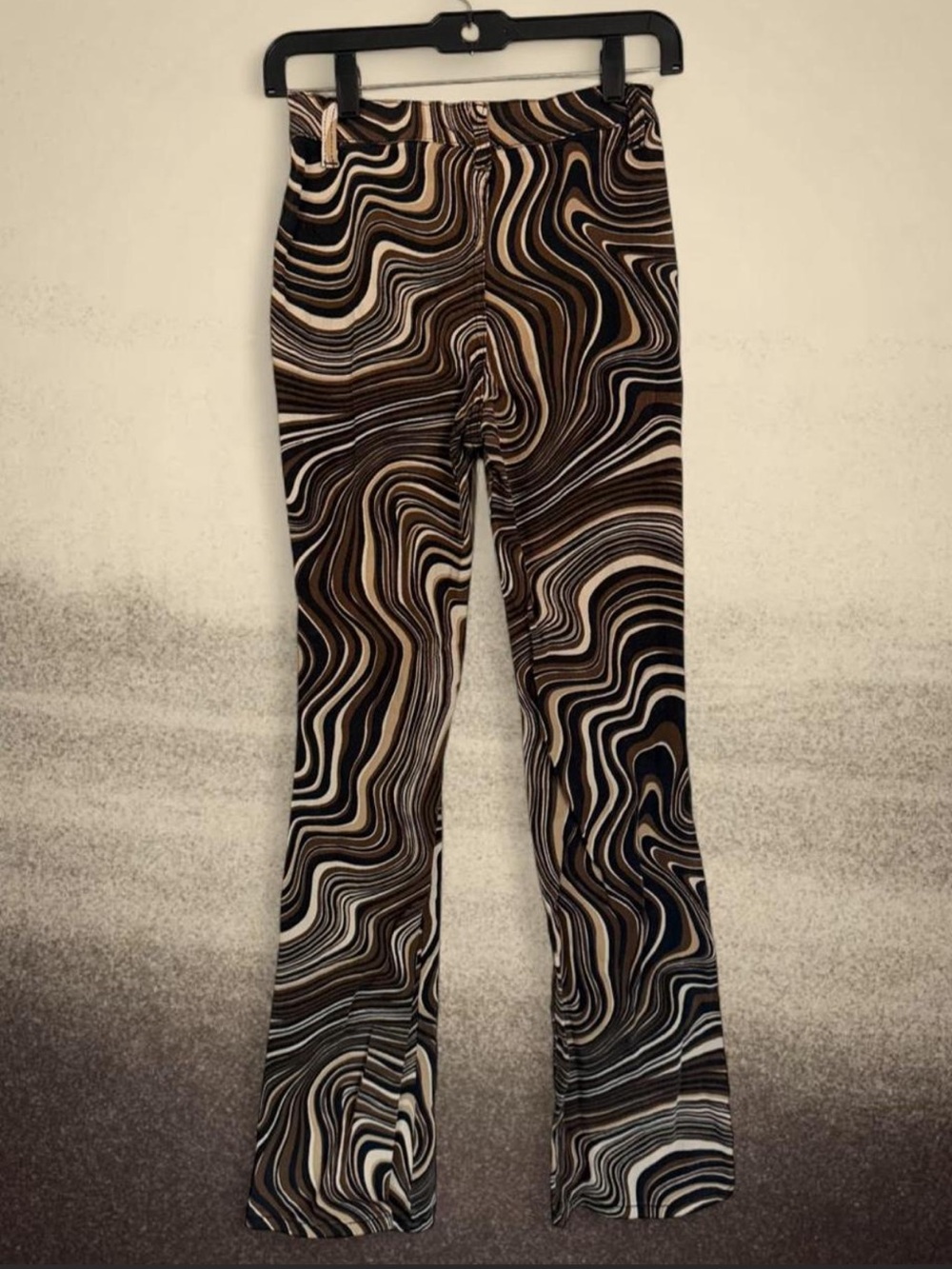 Motel Rocks Swirl Print Flared Pants in Brown, Black, Cream